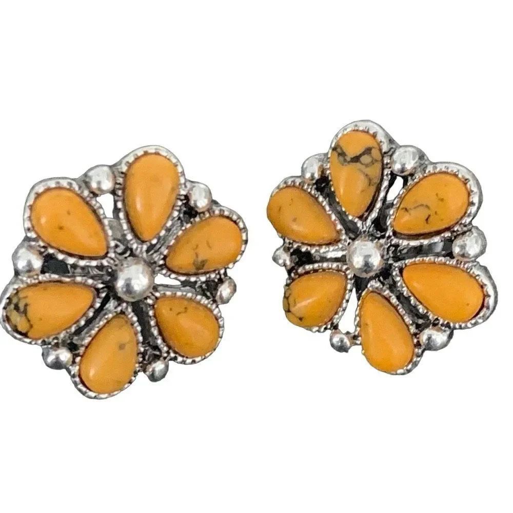 Western Indian Style Yellow Orange Squash Blossom Cluster Mens Cluster Earrings